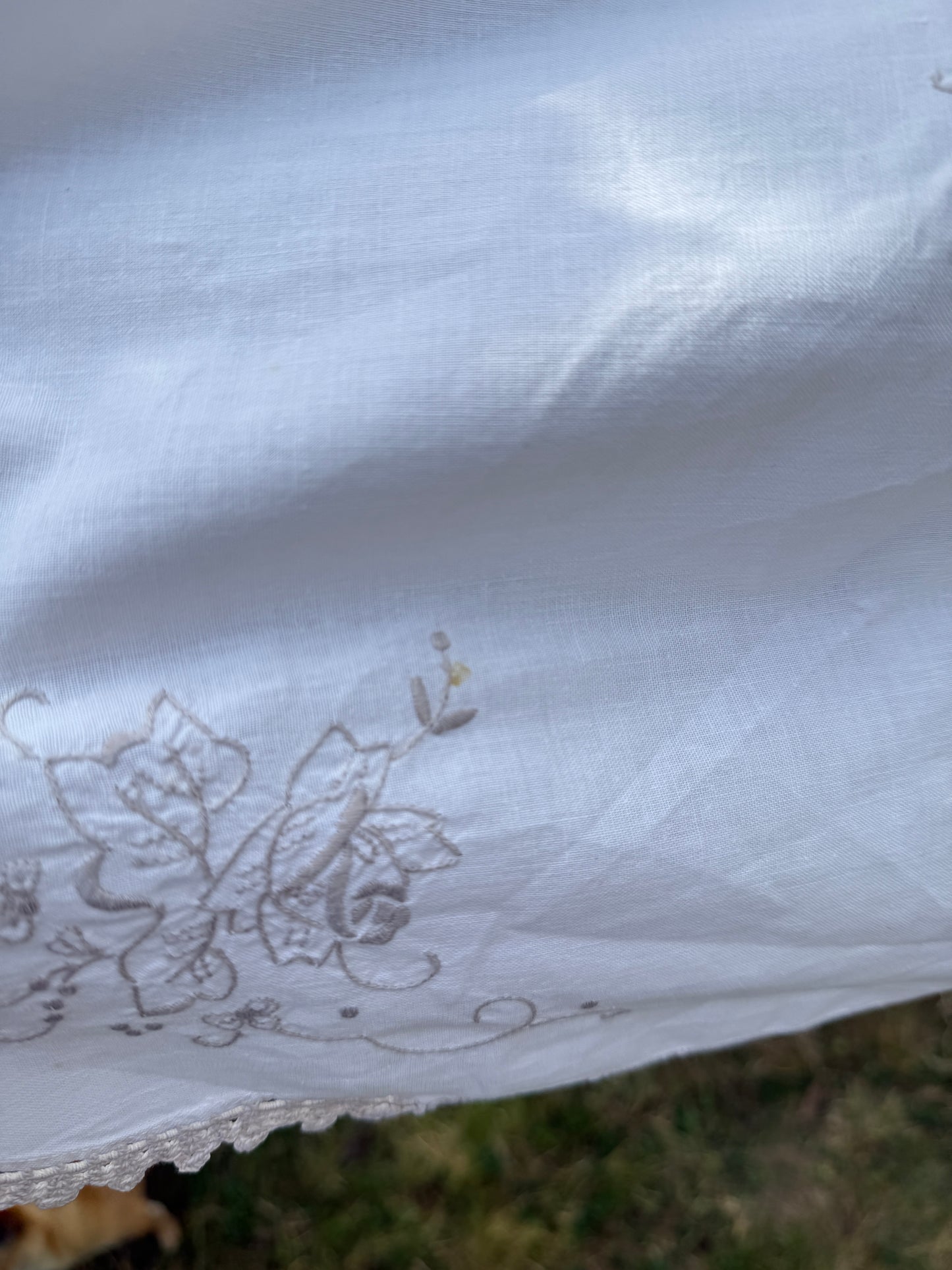 AA.off white with tan crochet inserts and trim 31" x 32"