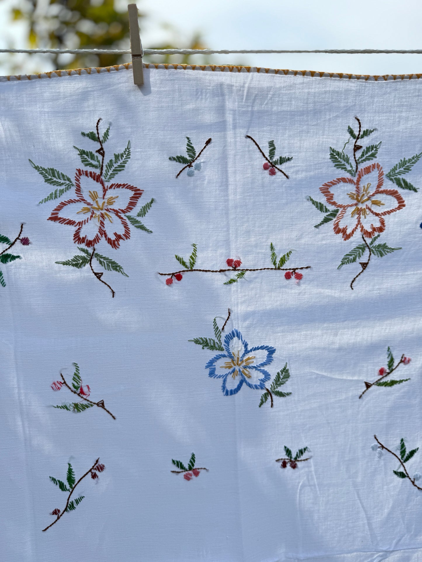 AA. multi colored flowers with yellow blanket stitch 58" x 44"