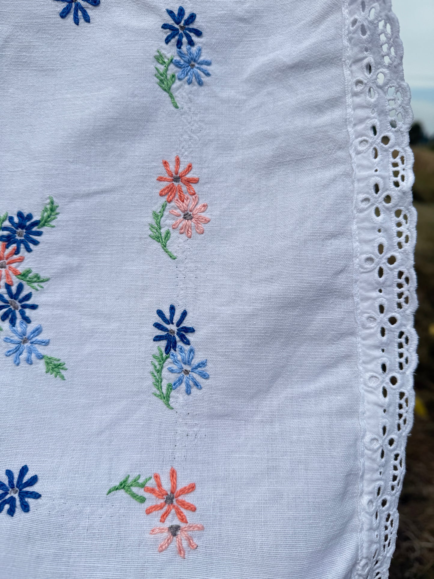 AA. peach and blue daisy embroidered with eyelet 47" x 58"