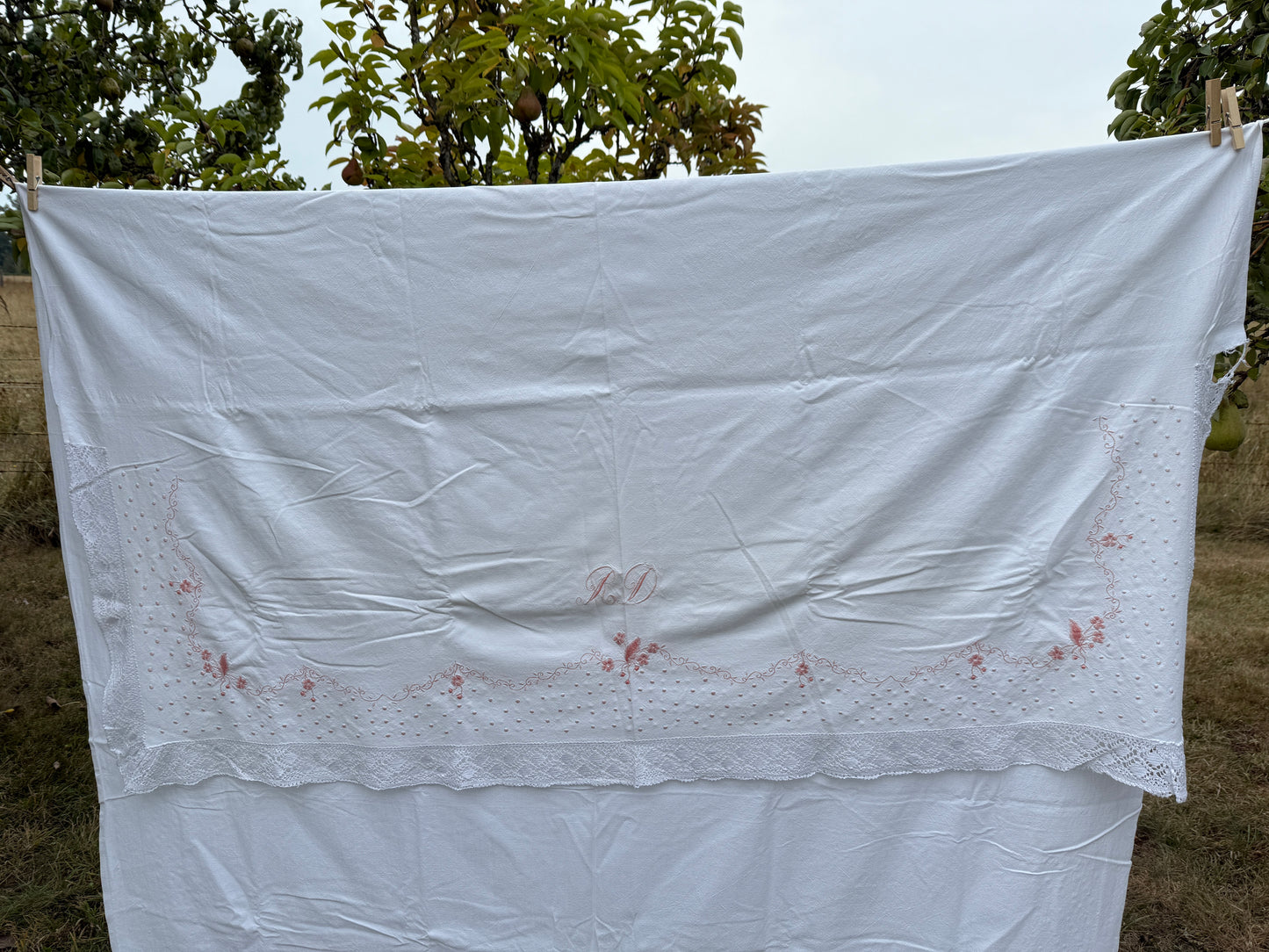 AA. Pink embroidered sheet with crochet trim 63" x 90"