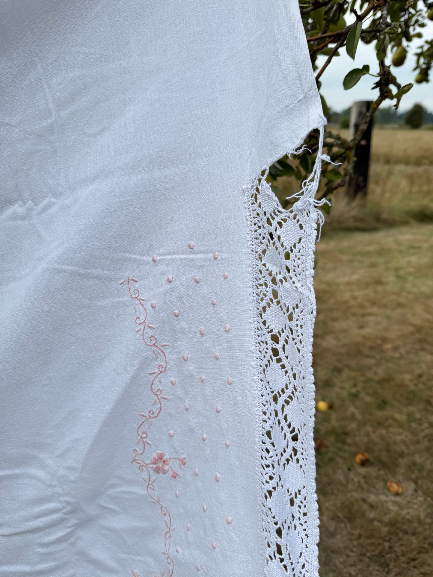 AA. Pink embroidered sheet with crochet trim 63" x 90"