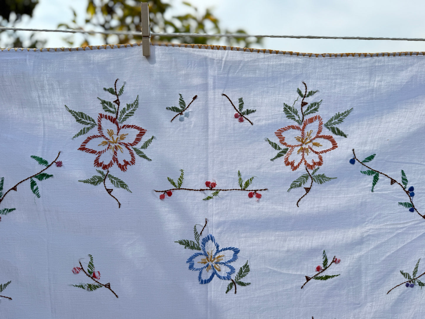 AA. multi colored flowers with yellow blanket stitch 58" x 44"