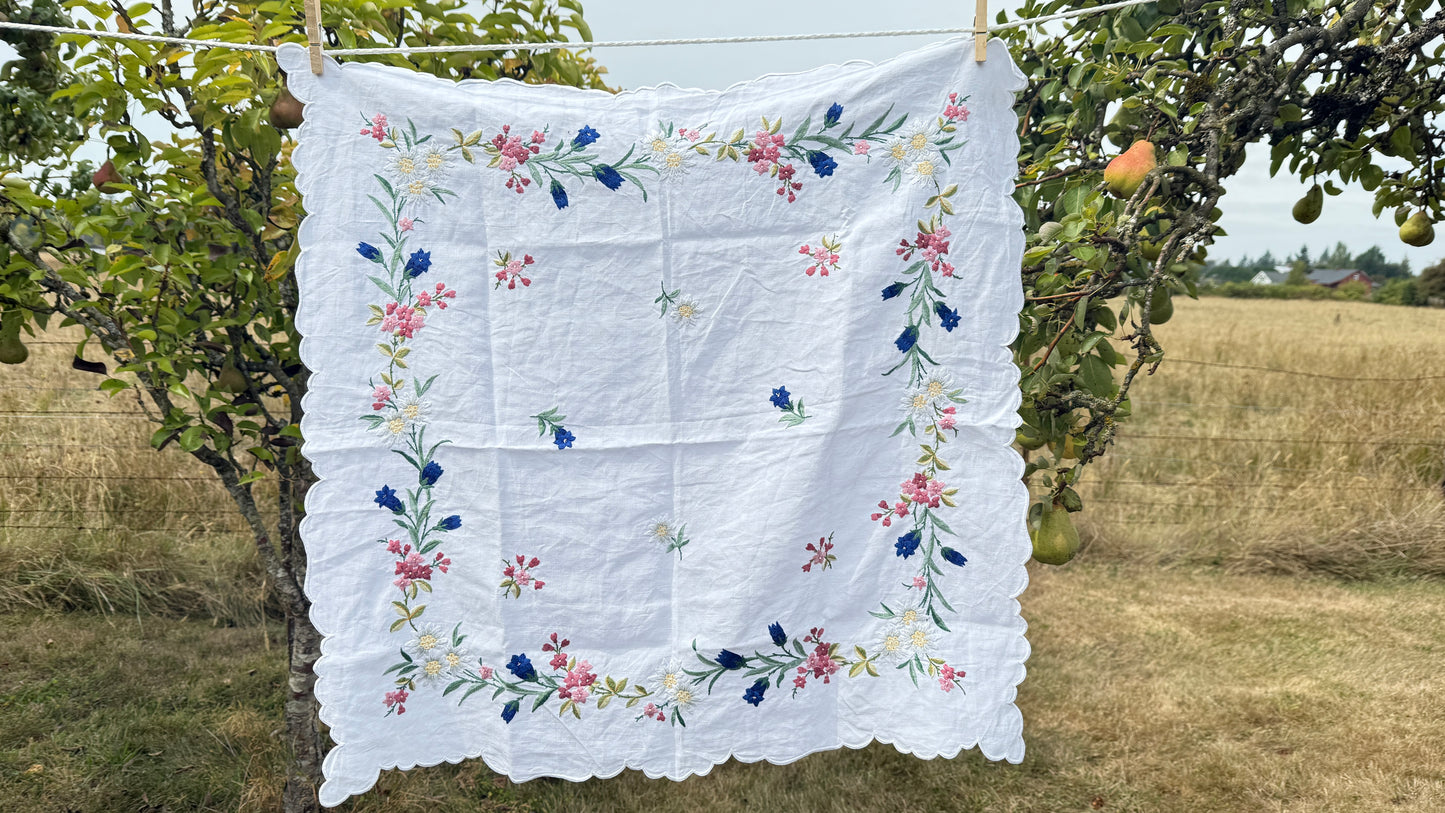 AA. Multi colored embroidered with scallop edges 28" x28"