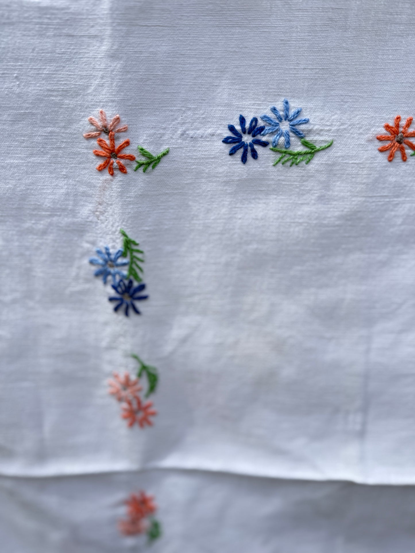 AA. peach and blue daisy embroidered with eyelet 47" x 58"