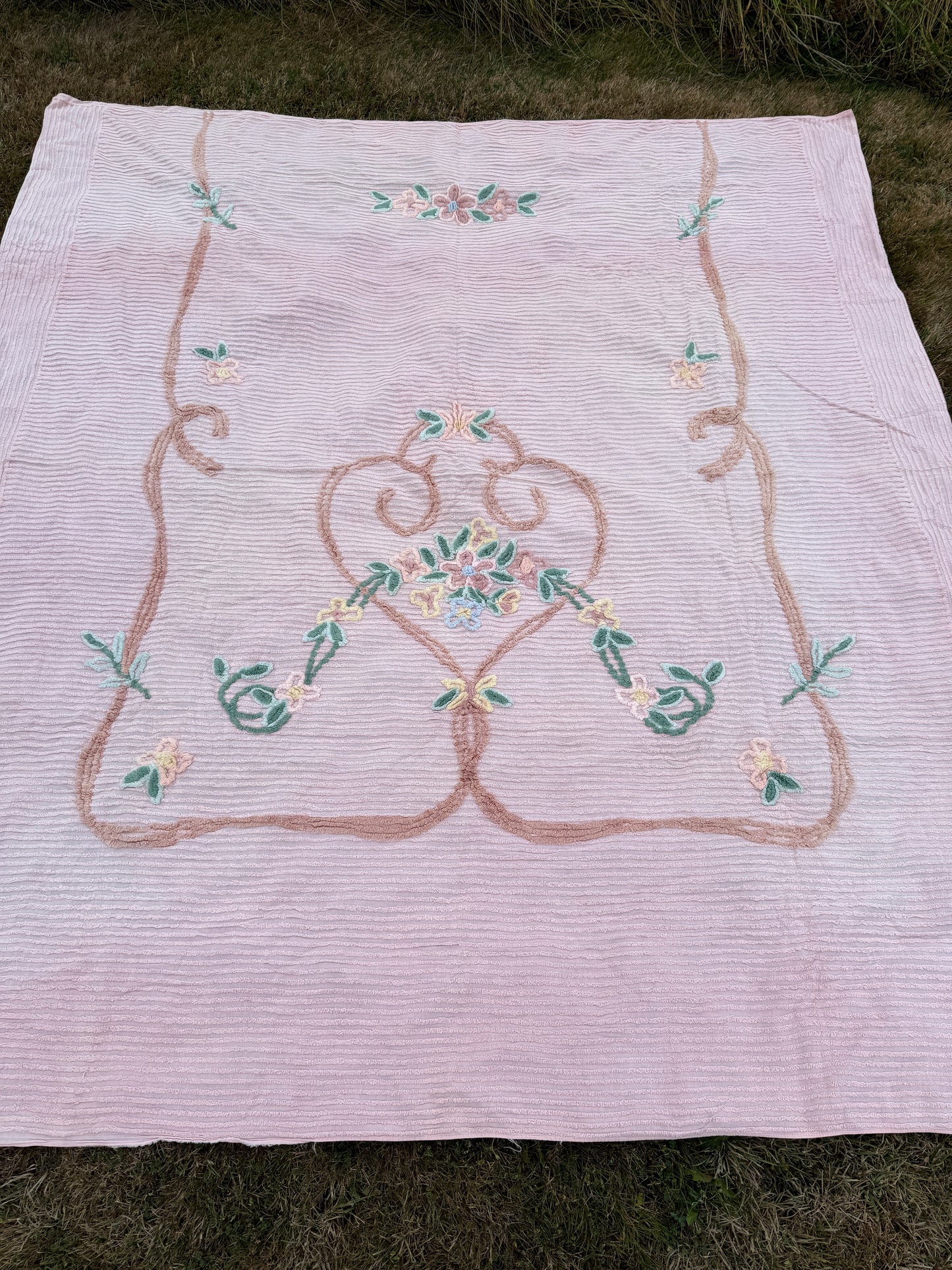 AA. Pink chenille bedspread coverlette 92" x 102"