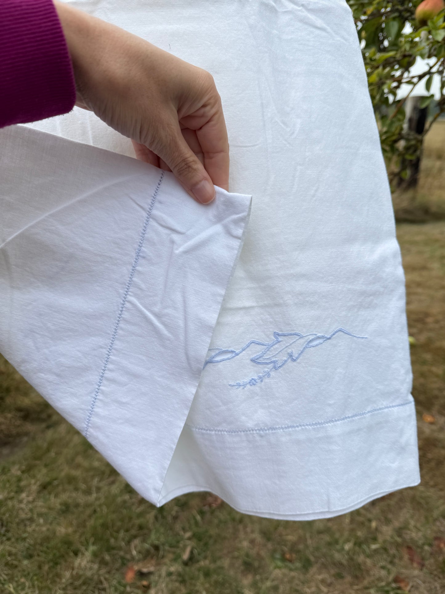 AA. Pair of white pillowcases with blue cut out embroidery